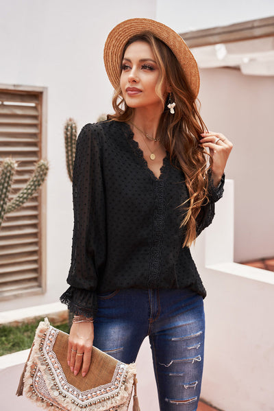 Spliced Lace Flounce Sleeve Blouse - HandyProducts