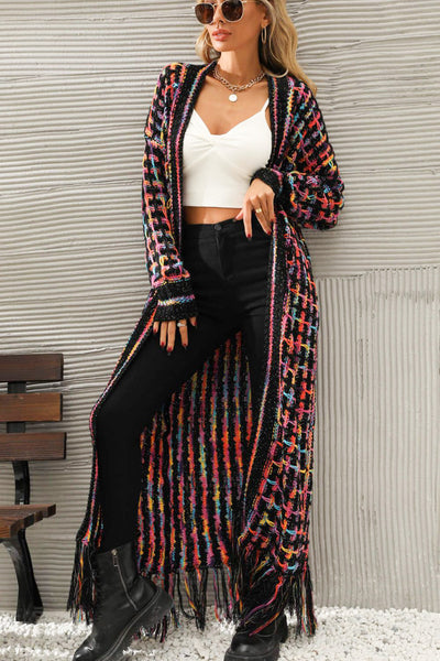 Multicolored Open Front Fringe Hem Cardigan - HandyProducts