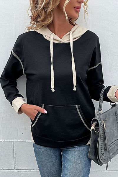 Contrast Drawstring Detail Drop Shoulder Hoodie - HandyProducts