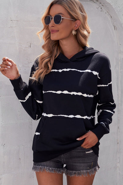 Striped Drop Shoulder Hoodie with Kangaroo Pocket - HandyProducts