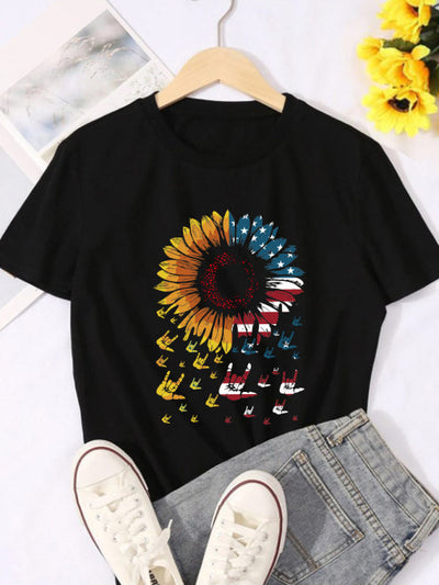 Women's Sunflower Flag Print Short Sleeve T-Shirt - HandyProducts